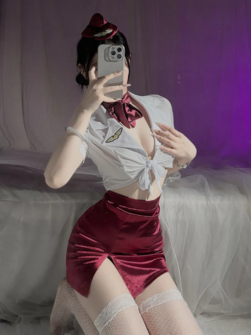 

Sexy Pure Desire Stewardess Role Uniform Cosplay Skirt Sets Sexy Deep V Bowknot Short Sleevess Charm Pure Desire Skirt Sets 7EIJ