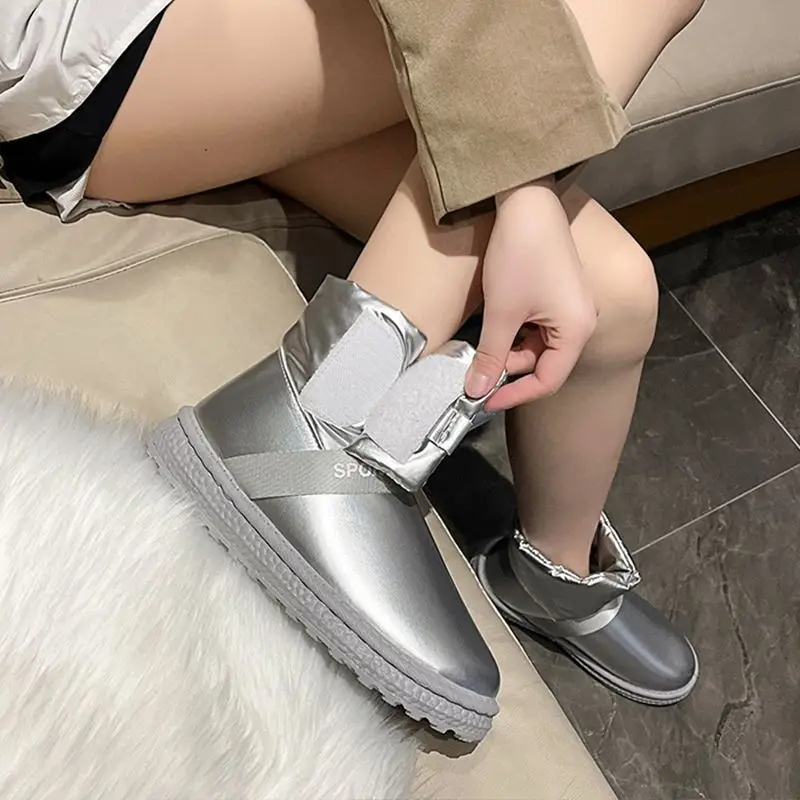 Female Shoes Ankle Booties Silver Ladies Snow Boots Waterproof Round Toe Elegant With Low Heels On Offer Stylish Anti Skid