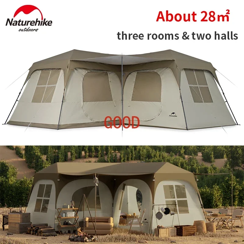 Tienda de campaña Naturehike Village Suite One Touch 28 ㎡ Tienda de campaña con cabina automática, 3 habitaciones, 2 salas, casa de camping para 9-12 personas, viaje familiar en grupo