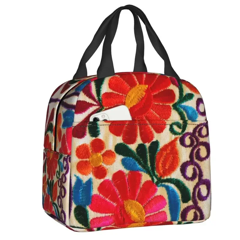 

Mexican Flowers Embroidery Art Insulated Lunch Tote Bag for Textile Floral Folk Portable Cooler Thermal Bento Box Kids School