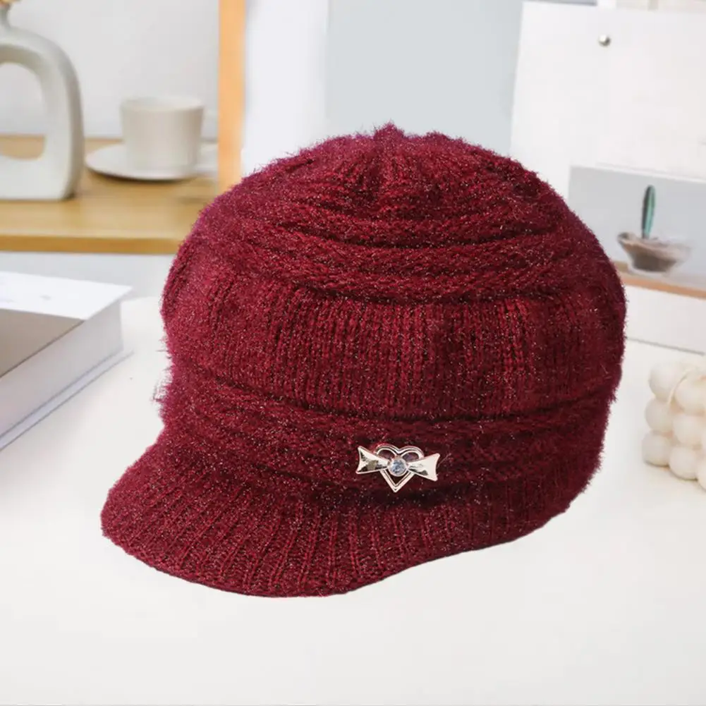 

Mid-aged Women Winter Hat Women Solid Color Hat Stylish Mid-aged Women's Winter Hat Knitted Windproof Rhinestone-decorated Head