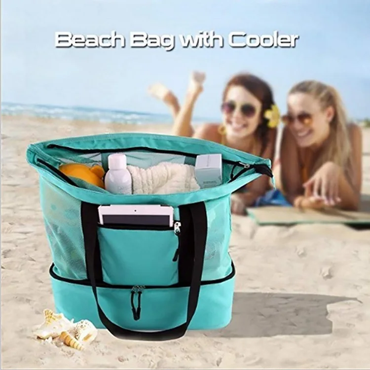 Large Mesh Beach Cooler Bag Outdoor Camping Picnic Bag Storage Bag Drink Food Cooler Tote Bag Thermal Insulation Lunch Box