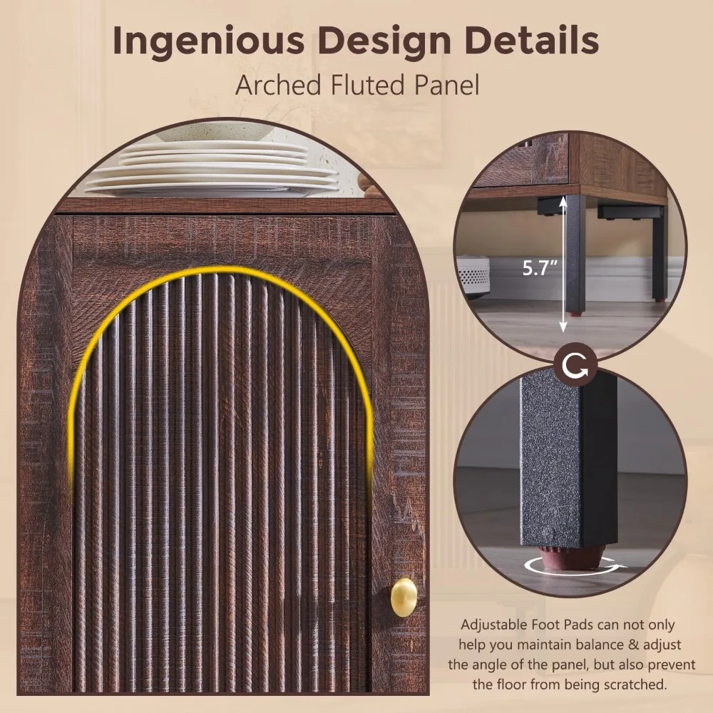 Contemporary Buffet Sideboard with Storage, 61.75 Wide Fluted Arched Cabinet featuring Adjustable Shelves and Wooden Modular Cof