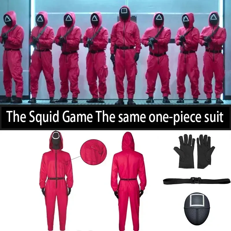 Disfraz de Cosplay del juego Squiid de Halloween para adultos, mono, abrigo, máscara, guantes, villano redondo, disfraz rojo, disfraz de fiesta para niños