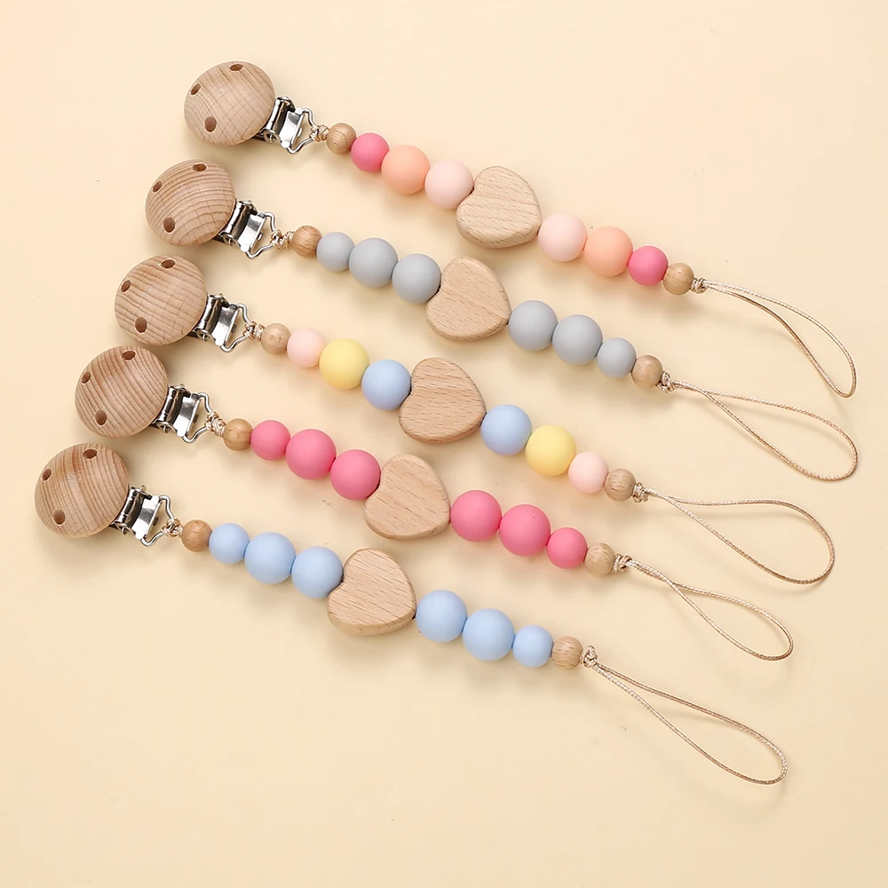 Food Grade Baby Pacifier Clip Chain Silicone Wood Heart Round Beaded Teething Nipple Holder Chain For Care Chew Toy Shower Gifts