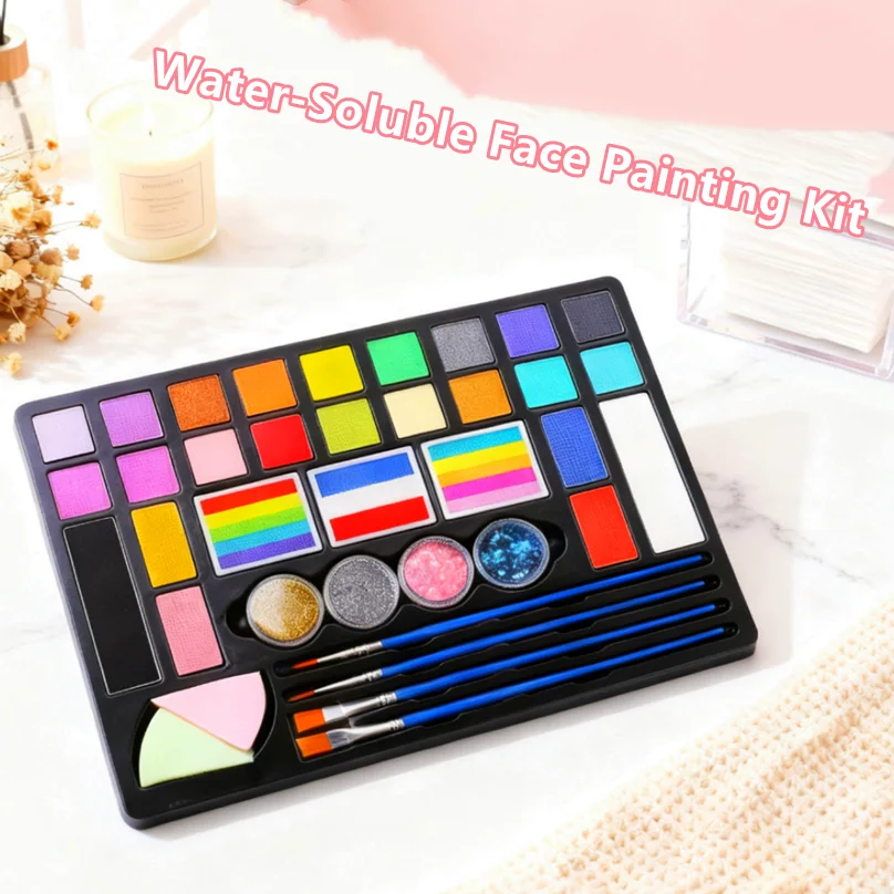 페이스 페인트 안료 키트 바디 페인팅 수용성 레인보우 팔레트 브러쉬 포함 성인용 할로윈 코스프레 파티 아트 메이크업