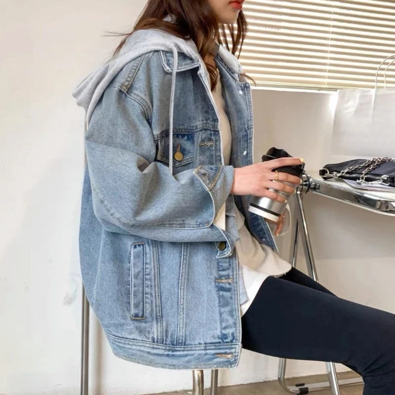 

Женская винтажная джинсовая одежда весны и осени 2025 года с капюшоном, свободная посадка в корейском стиле, повседневный топ с длинными рукавами, соляная модная верхняя одежда