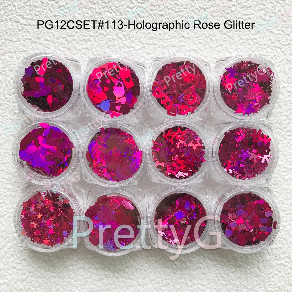 PrettyG 1 Juego de caja de 12 colores, purpurina holográfica rosa melocotón, forma de lentejuelas rojas, purpurina para uñas para decoración artística de uñas DIY de resina