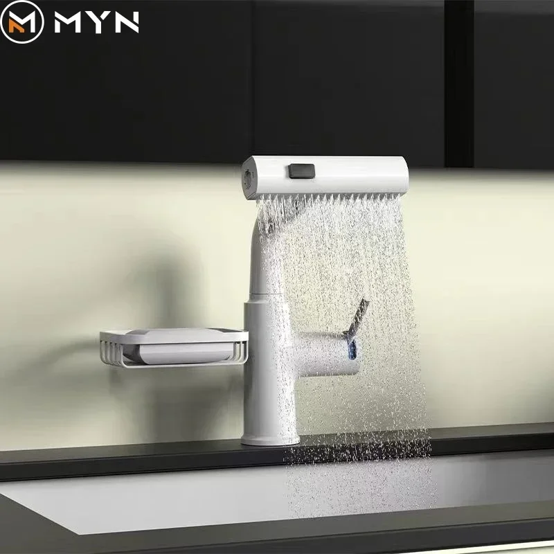 Tiktok New Trend Ivory Milky White Multifunction 360 Degree Rotating Waterfall  Basin Faucet  Bathroom Pull Out Basin Water Tap image 5