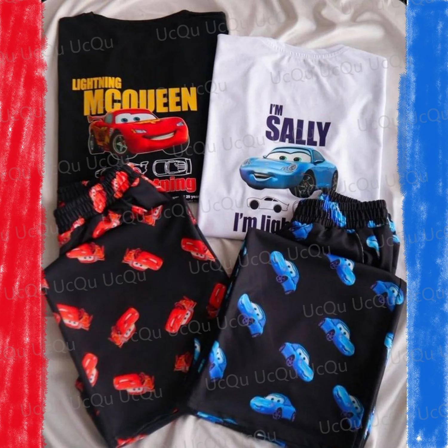 2024 The Cars Lightning McQueen&SALLY Summer Cotton T-Shirt With Pajama pants Oversized Suit For Adult/Kids his-and-hers clothes