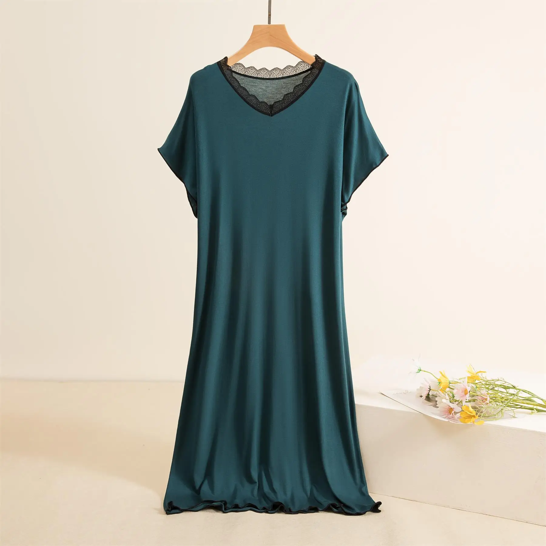 Camisón con cuello De encaje para mujer, vestido De noche De manga corta, para el hogar ropa De dormir, ropa De dormir con cuello en V, novedad De verano