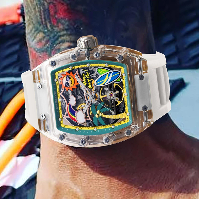 PINDU Modische Herren-Automatikuhr, Silikonarmband, Acryl, Tonneau-Form, mechanische Uhr, Skelett-Zifferblatt, 30 m wasserdicht, leuchtend