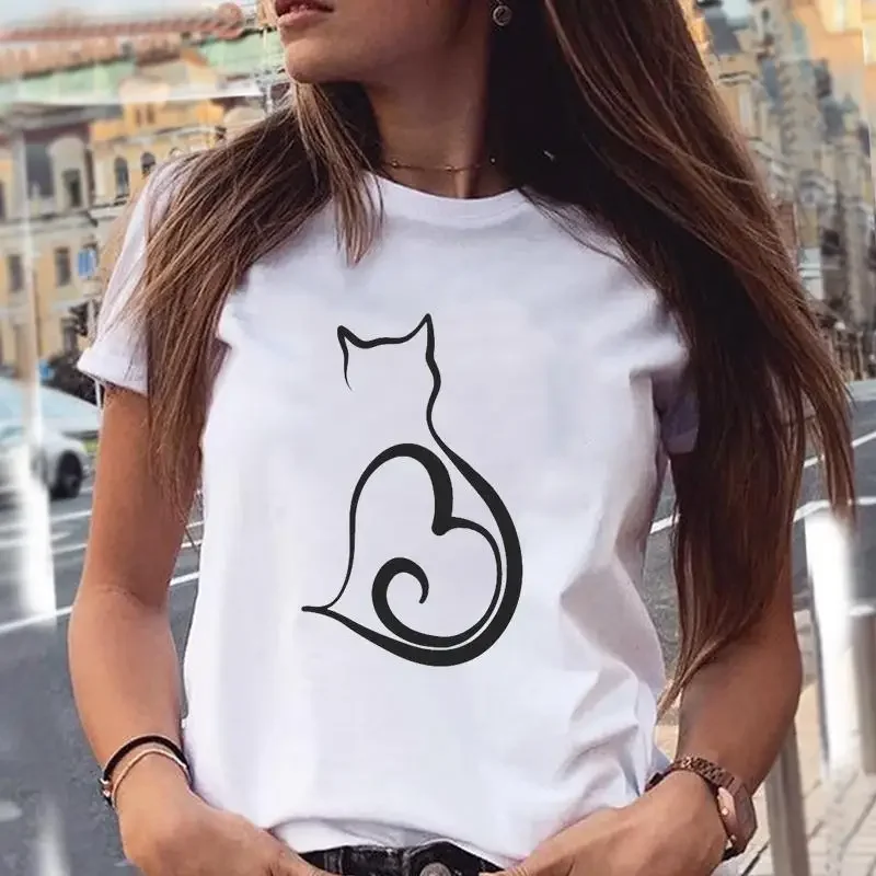 Fashion Women's Cute Cat Animal Print T-shirt Crew-neck Women's T-shirt Tops  Women Clothing Graphic T Shirts Harajuku Aesthetic