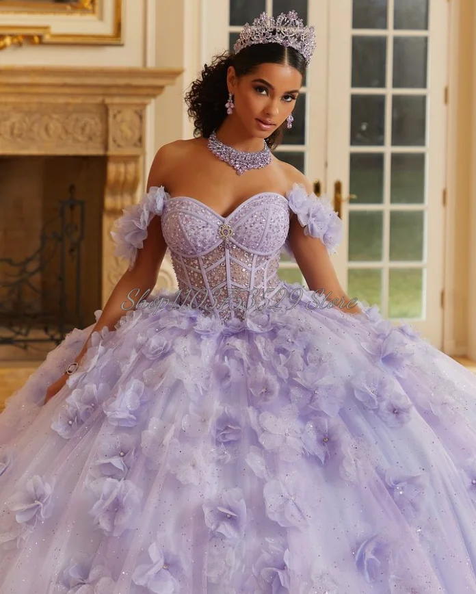 Elegant Lavender Purple Princess Prom Dresses New Sheath Stereoscopic Floral Beaded Sequins Removable Shawl 15 Quinceanera Dress