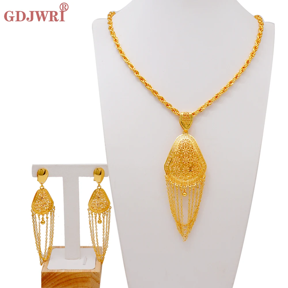 

Fashion Jewelry Set African Dubai Gold Color Irregular Pendant Tassel Long Chain Necklace Earings Sets For Women Wedding Party