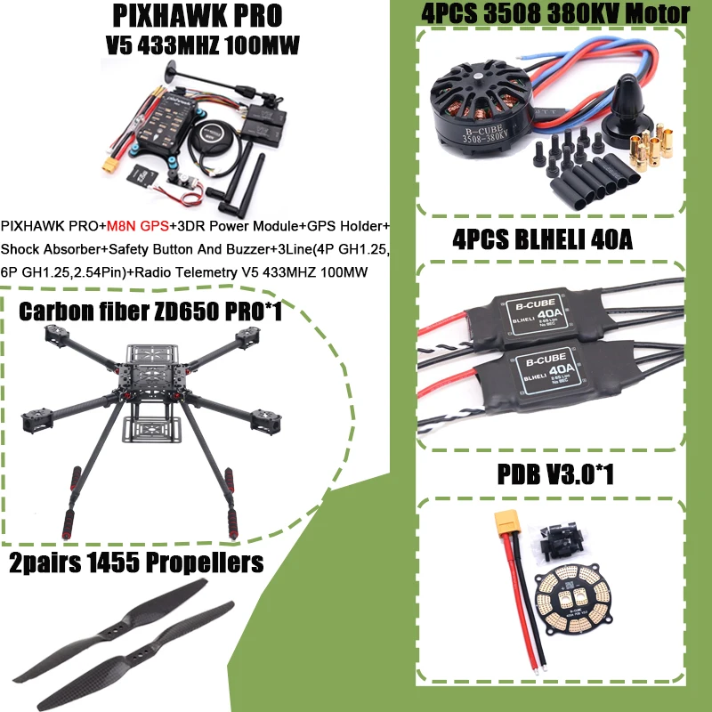 HanNiu ZD650 PRO 650mm Ardupilot Pixhawk Carbon fiber Quadcopter Frame FPV Quad met Carbon Fiber Landing Skid Motor ESC 40A
