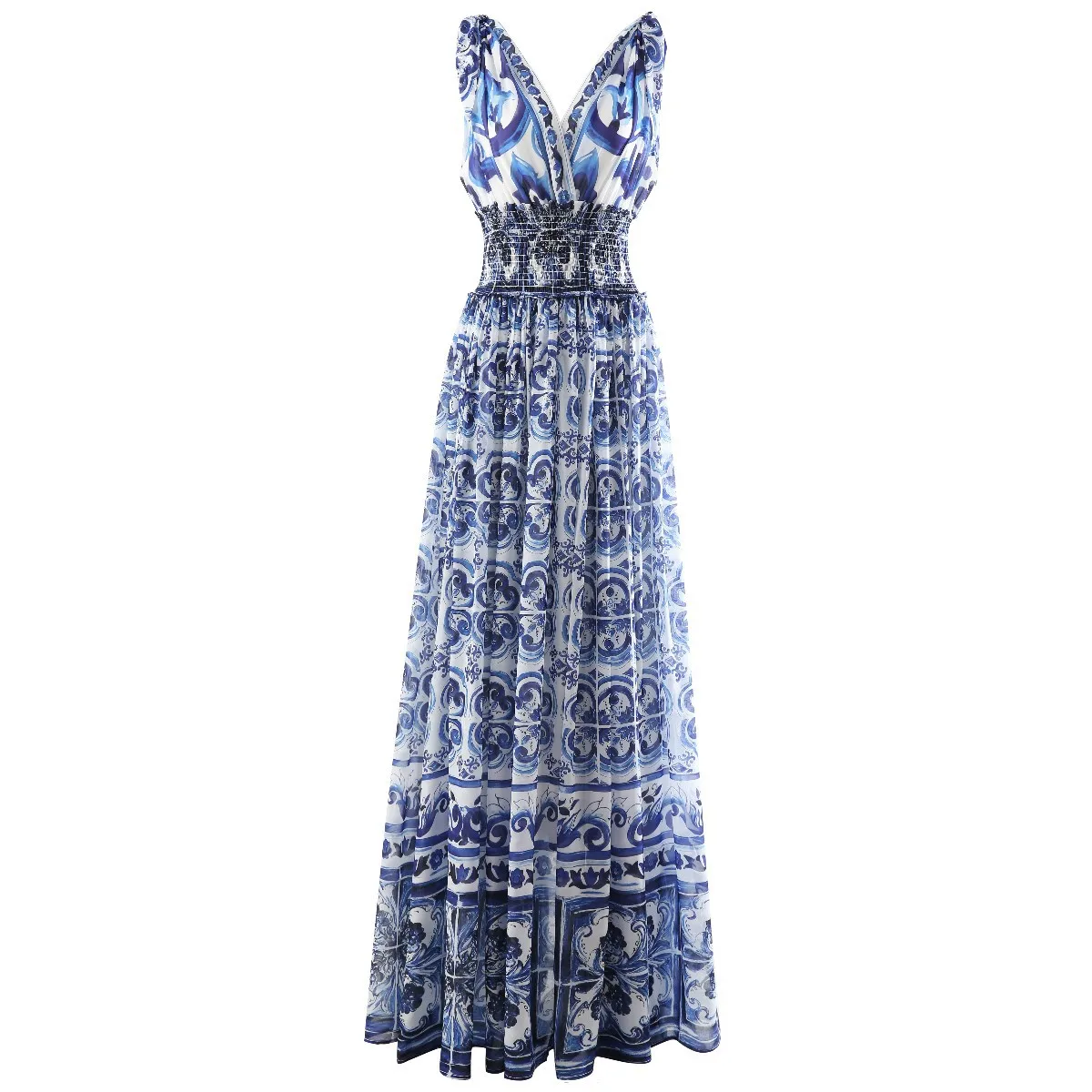 HIGH QUALITY Runway Fashion Summer Holiday Women Maxi Dress With V-Neck Elastic Waist Blue And Porcelain Print For Party