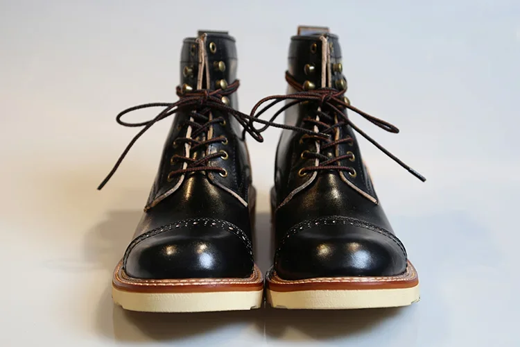 Handmade Combat Boots Hull Grain Leather Shoes Large Size Thick Black Lace Boots Men's Army Feet Cool Denim BootS