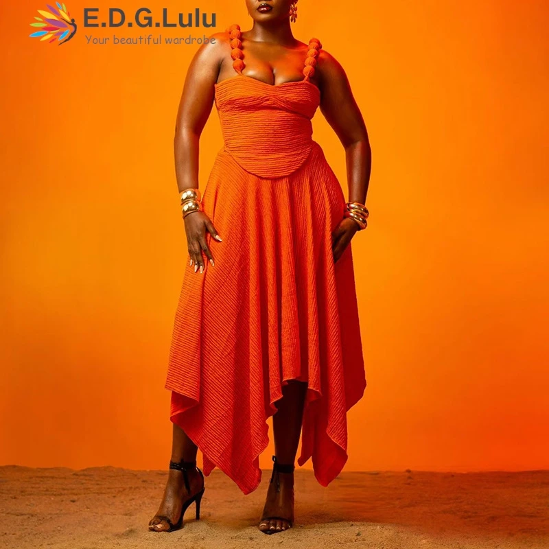 فساتين EDGLuLu بدون أكمام غير متناظرة باللون الأخضر والبرتقالي للمرأة مثيرة برباط ورباط بدون ظهر مطرز بحمالة طويلة 1112