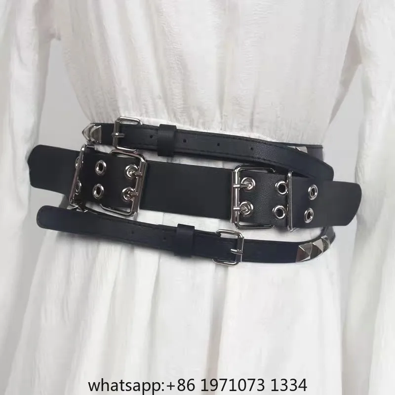 Double Row Pin Buckle Rivet Hip Hop Punk PU Leather Belt Women Techwear Style Gothic Vintage Wide Belt Corset