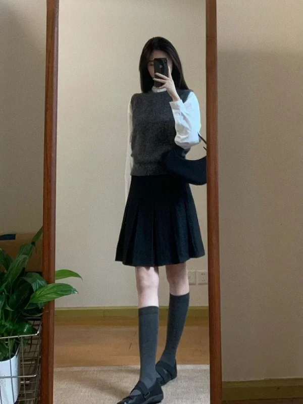 

Faionable Knitted Knit Vest Shirt Top Women's Autumn Pleated A-Line Skirt Set High Waist Shrt Skirt Korean Style