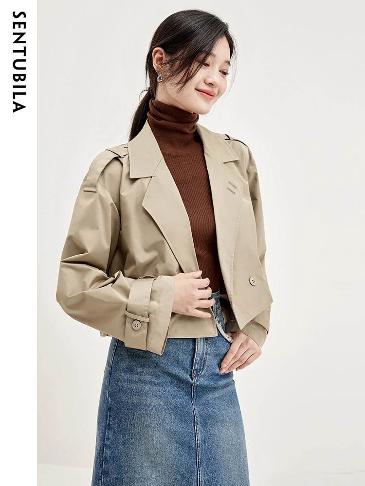 SENTUBILA Trench Coat Women 2024 Spring Autumn Windbreaker Cropped Chic and Elegant Woman Jacket Simple New Outwear W33F51772