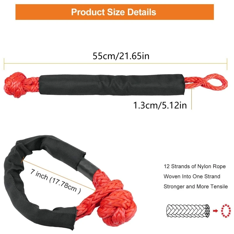 Synthetic Off Road Car Trailer Tape Rope 1/2inch x 22inch Soft Shackle 38000 Pound Car ATV UTV SUV Recovery Tow Strap BrokenTool