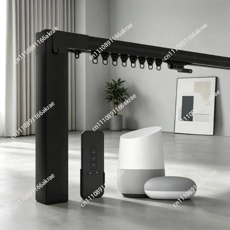 Black Smart Curtain Motor Black Electric Curtain Rails Motorized Curtain Poles For Living Room