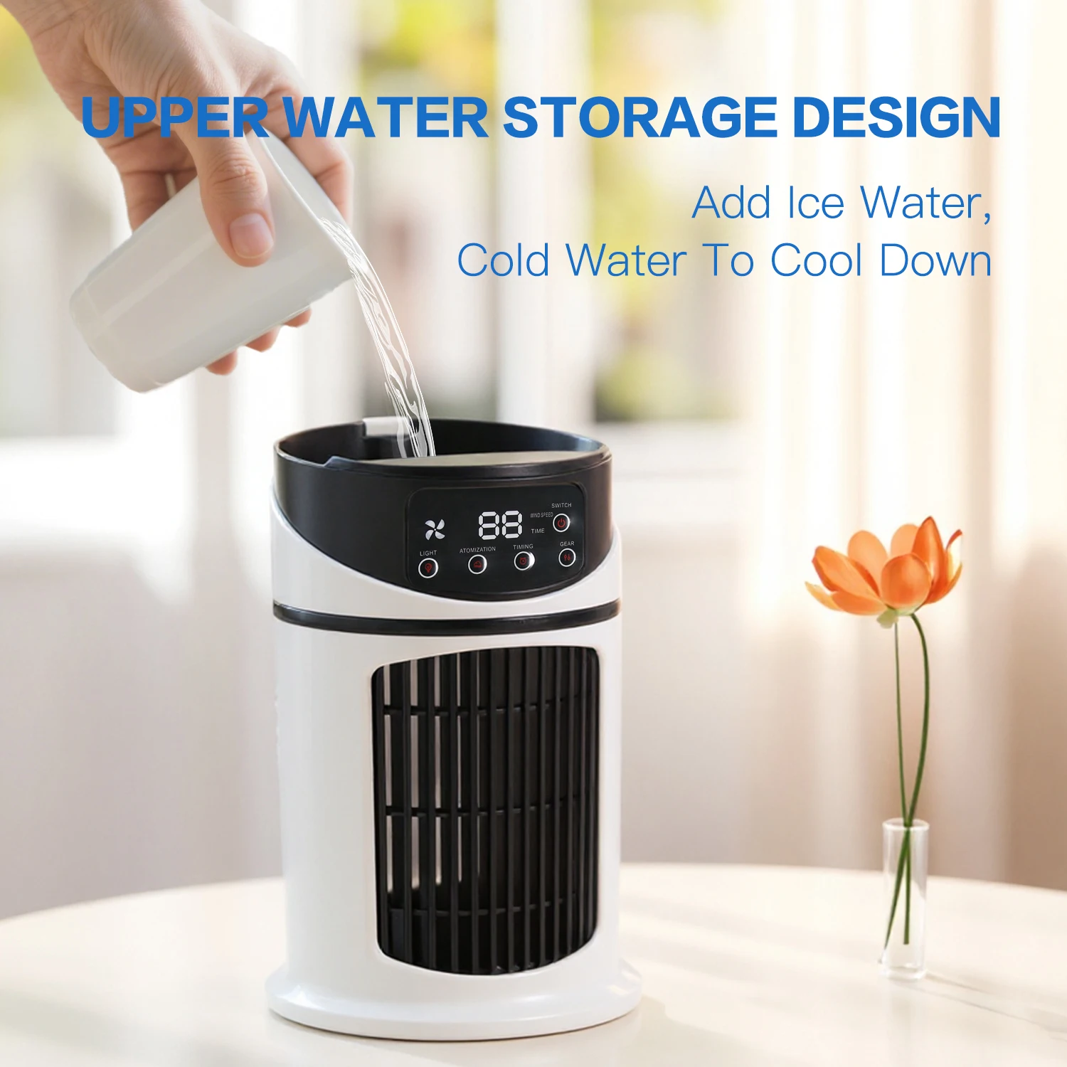 محمول 2 في 1، مرطب ومروحة، تبريد سريع، USB، شاشة رقمية، كريستال ثلجي، أبيض، للمنزل والمكتب