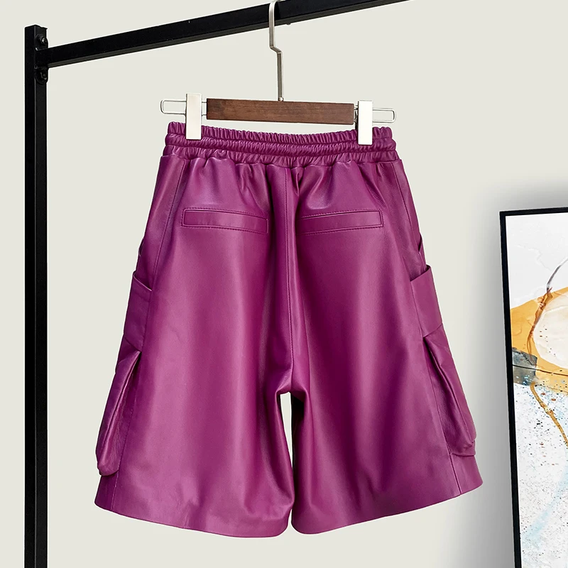 Spring New High Quality Genuine Real Leather Cropped Pants Women's Loose Sheepskin Wide-Leg Elastic Waist Versatile Bootcut