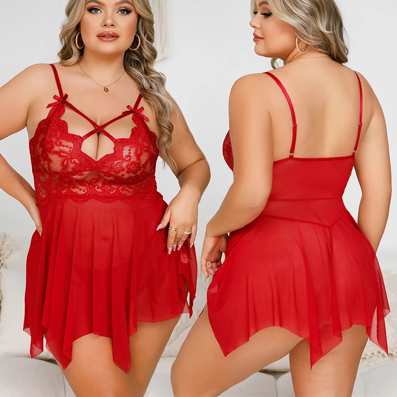 Sleeveless Plus Size Ladies Nightgown Solid Color Transparent Women\'s Short Dress Red Bra With Panties Sexy Babydoll Pajamas Set