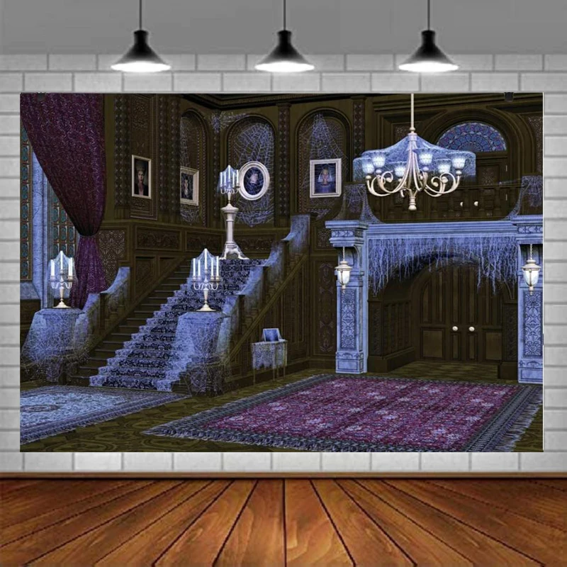 ฮาโลวีนบ้านผีสิงการถ่ายภาพฉากหลัง Spider Web Retro บันได Creepy การตั้งค่าพื้นหลังเด็กทารกผู้ใหญ่ภาพ