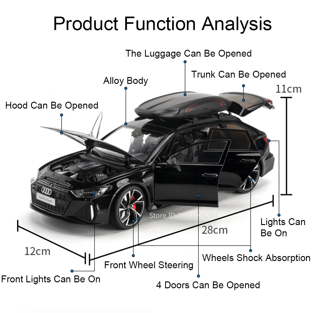 1:18 A6L RS6 Avant Station Diecast Model Alloy Car Toy Front Wheel Steering 6 Doors Opened Rubber Tires Vehice Boy Birthday Gift