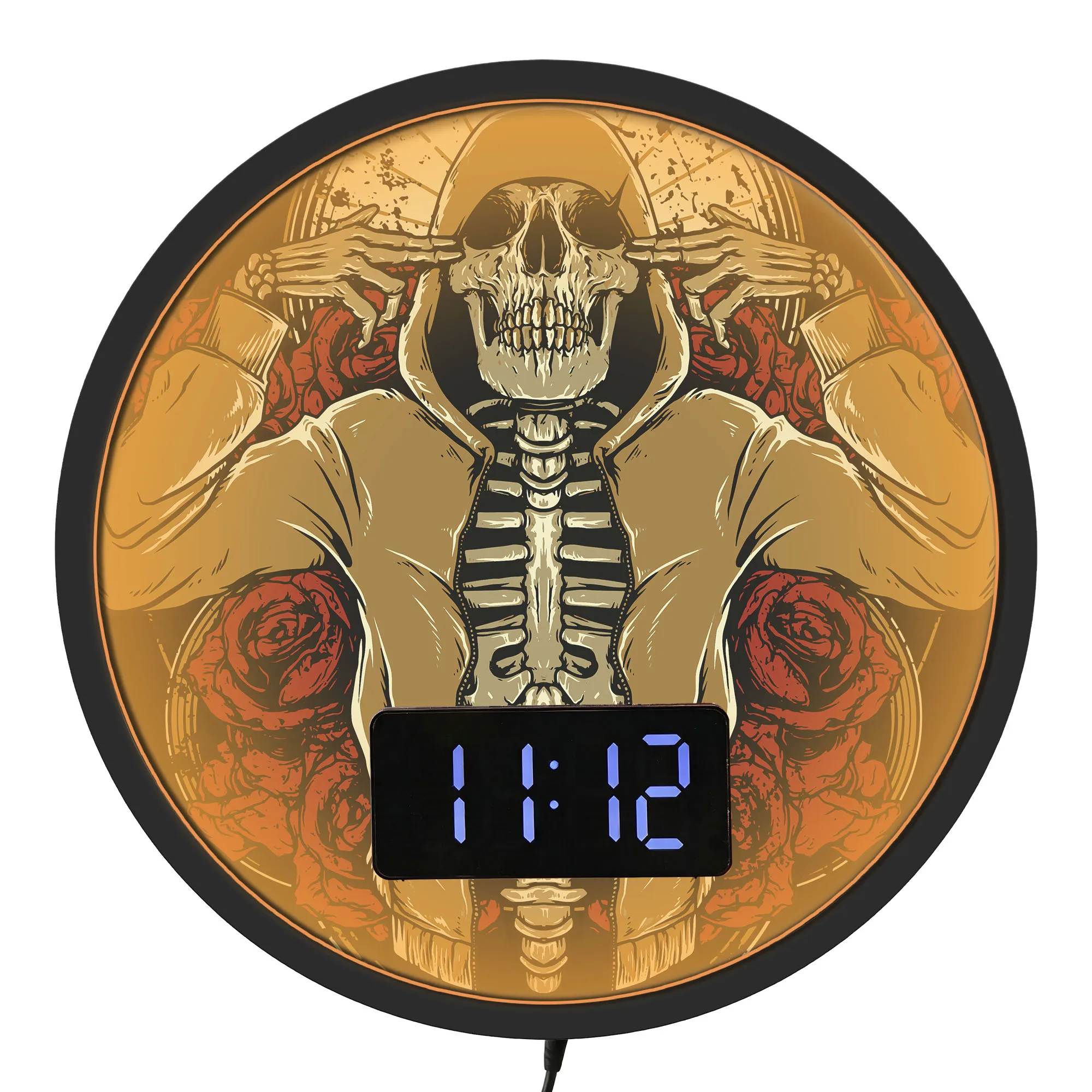Skeleton With Red Roses LED Digital Wall Clock with Temperature Calendar Date Gothic Skeleton Home Decor Night Light Wall Clock