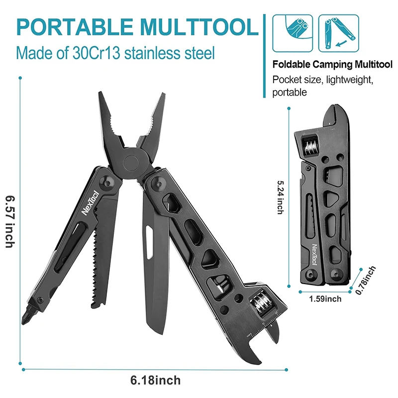 NexTool Adjustable Wrench Multitool 9 in 1 Multi Tool with Pliers Pocket Knife Screwdriver Foldable Multi-Tool for Maintenance