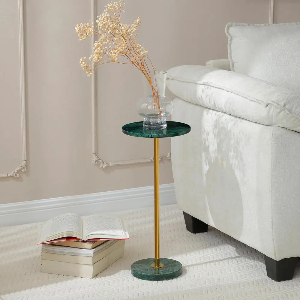 

9.8-inch Emerald Green Marble Round Drink Table, Stone Pedestal End Table for Living Room, Weighted Base Accent Side Table for S