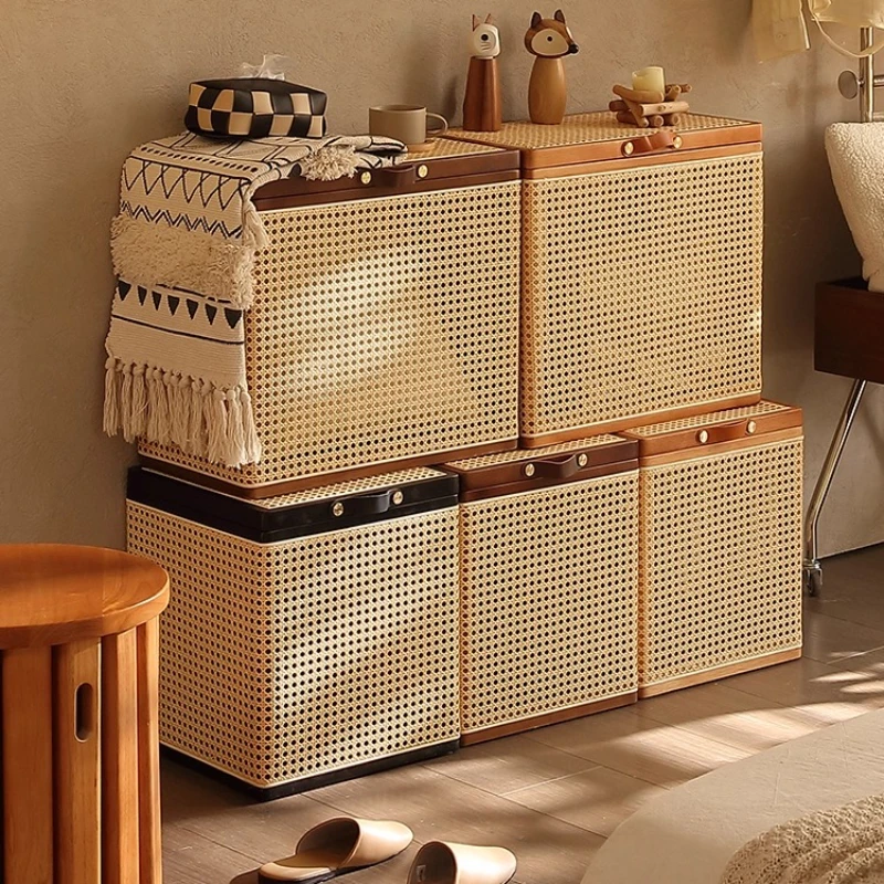 

Middle Ancient Rattan Storage Baskets with Lid Wooden Laundry Hamper Multifunctional Sofa End Tables Bedroom Closet Organizer