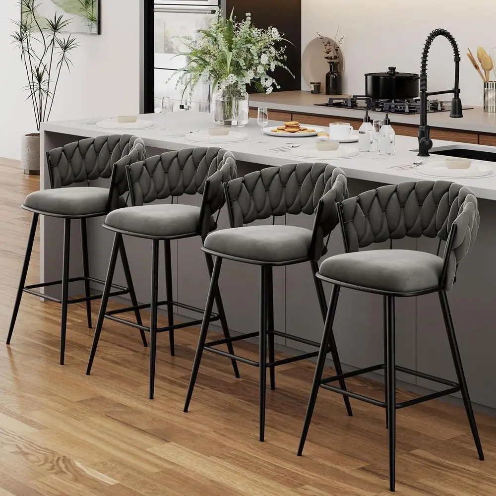 

Set of 4 Velvet Fabric Bar Stools with 26 Seat Height, Woven Back and Footrest, Grey for Kitchen Island or Pub