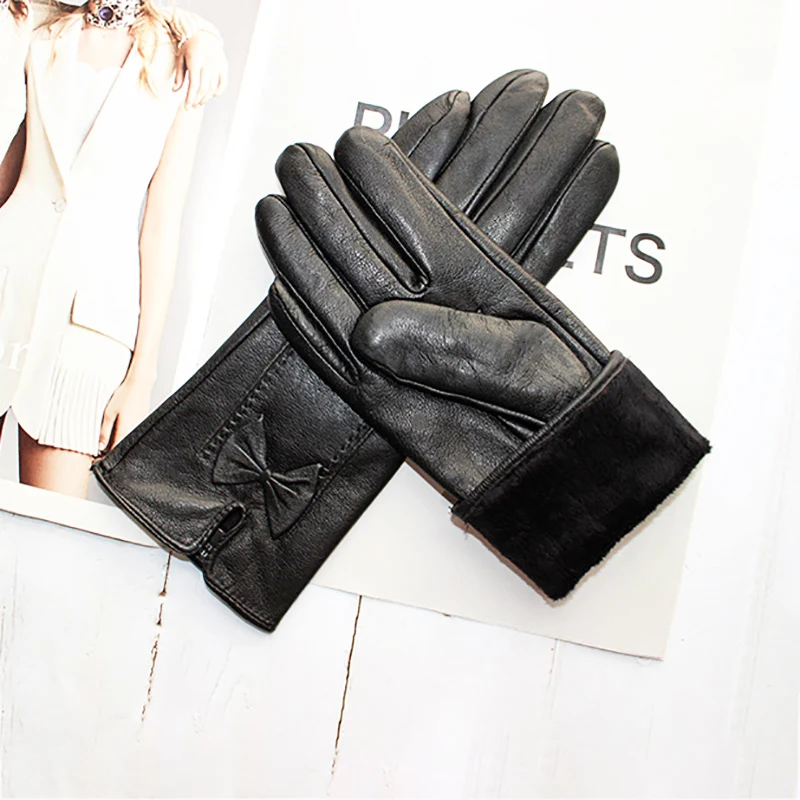 Leather Gloves Women\'s Plus Velvet Autumn and Winter Warm Price Direct Black Short Outdoor Riding Sheepskin Gloves