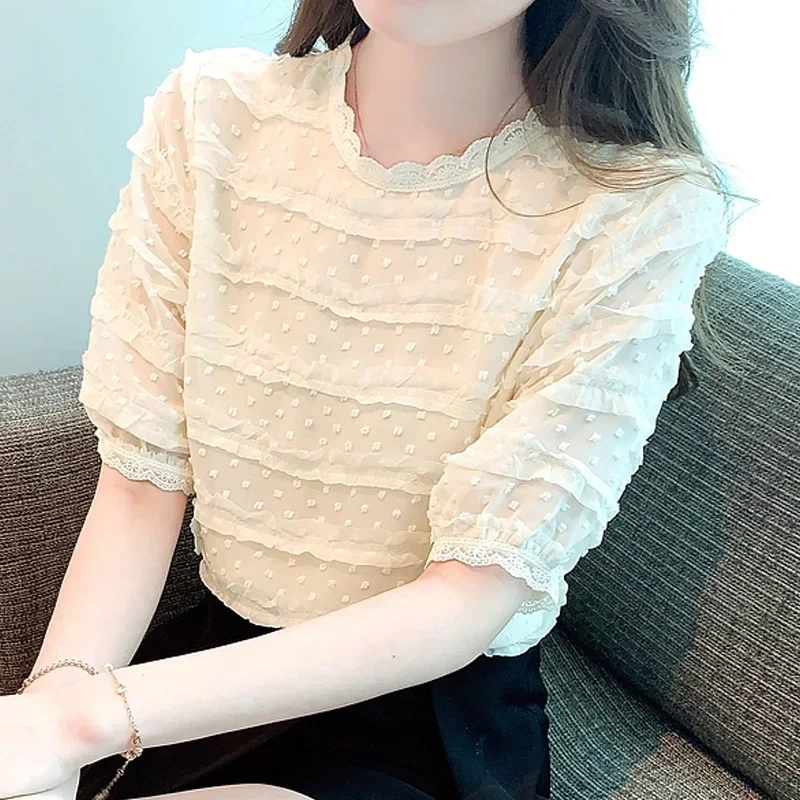 

Sweet Chiffon Blouse with Lace Short Puff Sleeve Women Tops Summer Apricot Shirt Korean Chic Elegant Round Collar Clothes 27474