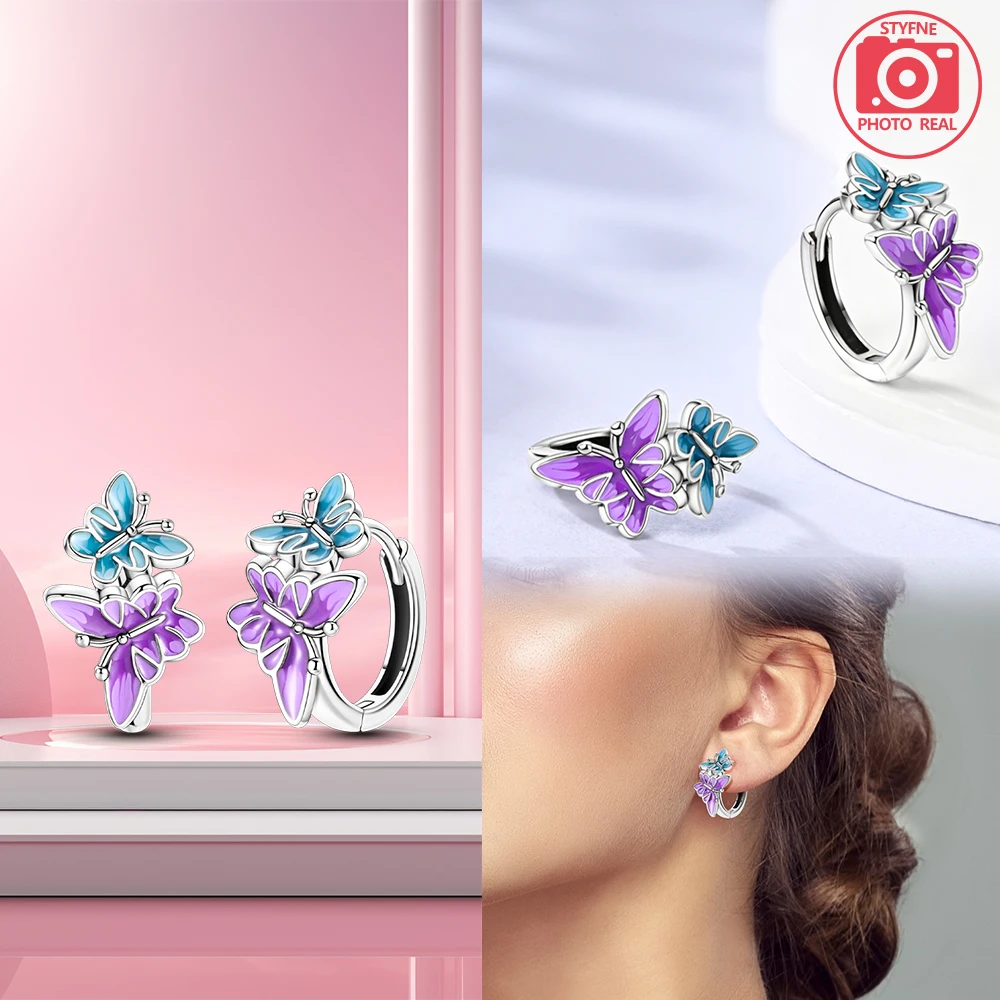 Woman Hoop Earrings 925 Sterling Silver Blue and Purple Butterfly Earrings For Women Earrings Jewelry Gifts