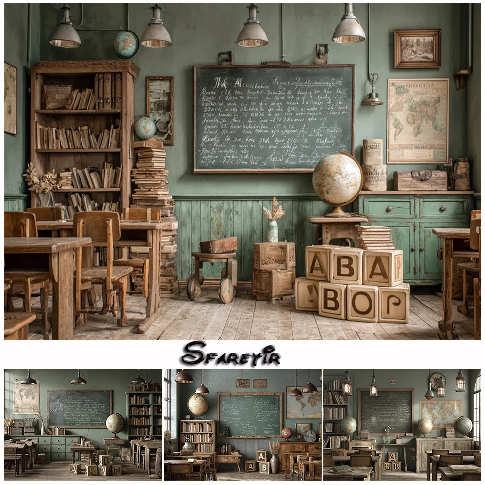 Photography Background Back To School Vintage Classroom Blackboard Globes ABC Blocks Kids Portraits Decors Backdrop Photo Studio