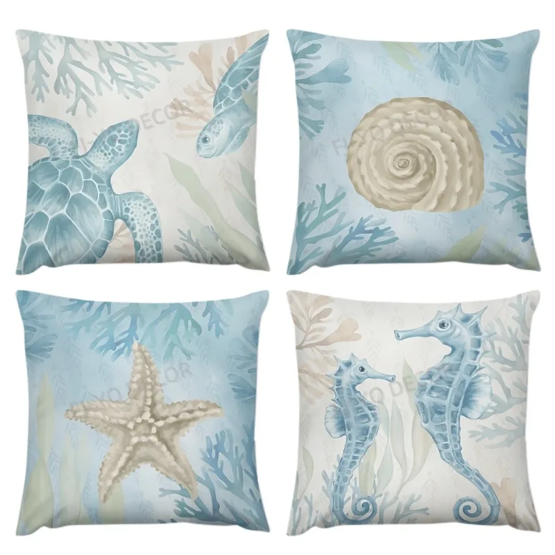 Ocean Beach Pattern Printed Zipper Pillow Covers Seahorse Turtle Starfish Coastal Outdoor Decor Pillows Soft Velvet Cushion