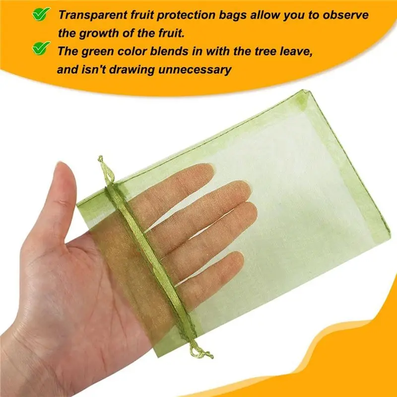 ABKW-100PCS Fruit Protection Bags, 8X12 Inch Green Fruit Netting Bags Drawstring Mesh Bags Kit Fruit Cover Pest Barrier