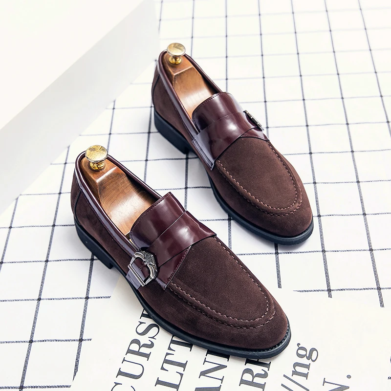

Men Business Dress Shoes Round Toe One Step Business Office Lefu Shoes Velvet Leather Side Buckle Gentlemen Banquet Social Shoes