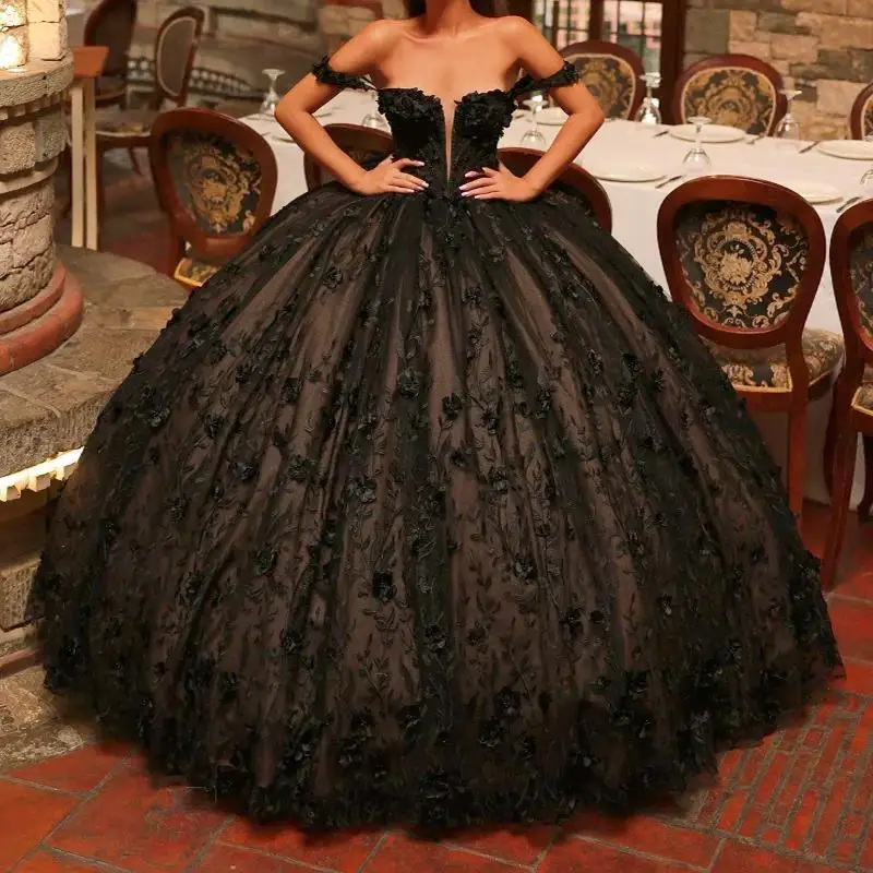 

Customized Black Quinceanera Dresses Ball Gown Off The Shoulder Applique Flower Beads Bow Tull Party Birthday Sweet 16 Vestido