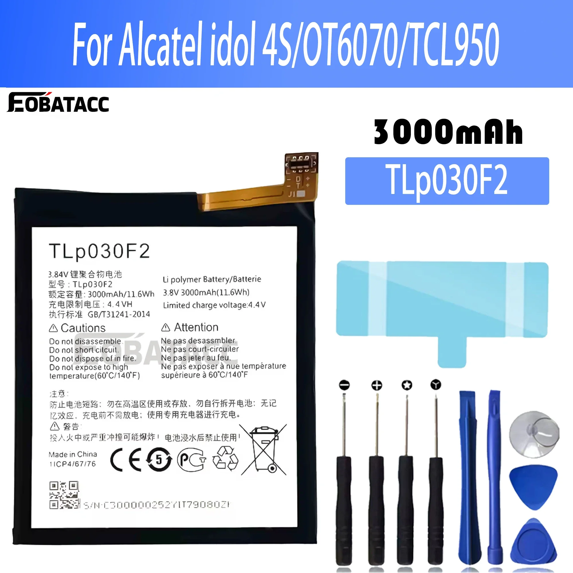 100% New Original Battery  TLP030F2 For  Alcatel  idol 4S/OT6070/TCL950 Battery + Free Tools