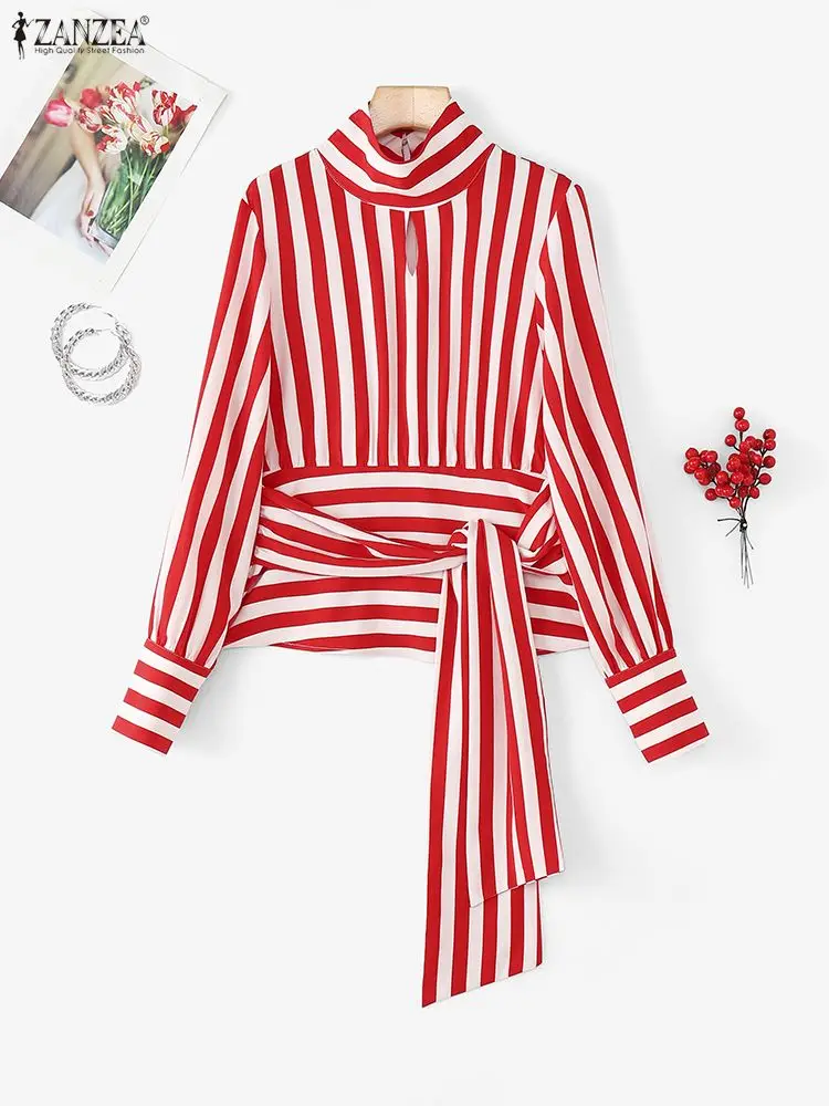ZANZEA 2025 blusas a rayas rojas con lazo en la cintura para mujer, moda de otoño, Tops de cuello alto recortados de manga larga, ropa de mujer, ropa de calle