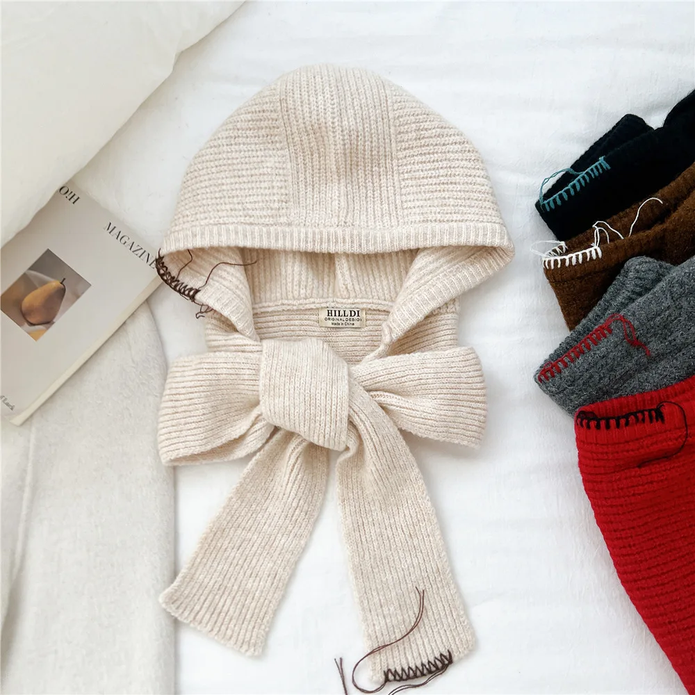 Solid Color French Hat Scarf Combo Winter Neck Warmer Knitted Pullover Hat Versatile Ear Protection Wool Hat for Men and Women