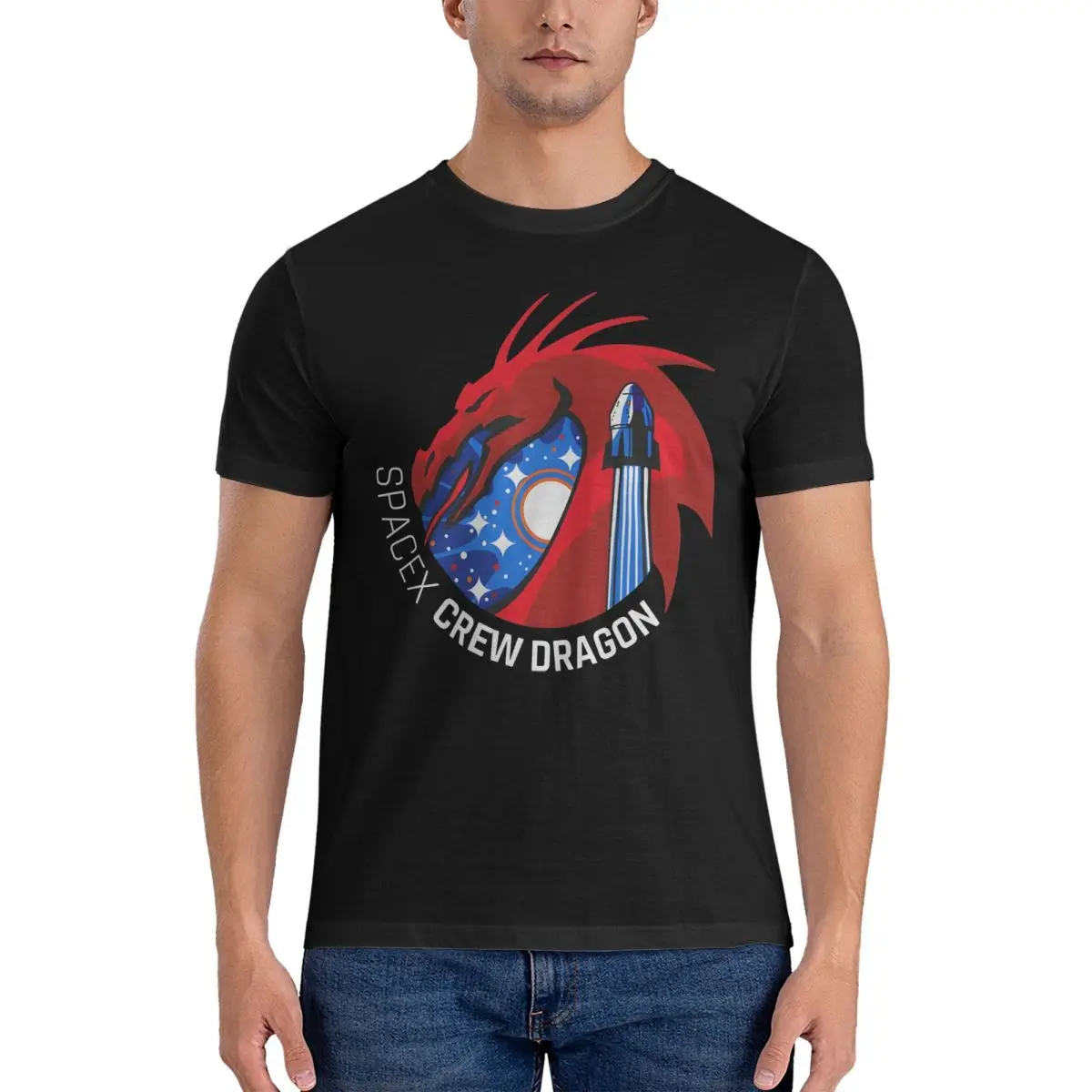 Funny Crew Dragon Mission T-Shirt for Men Round Collar Pure Cotton T Shirts SpaceX Short Sleeve Tee Shirt Gift Idea Clothing